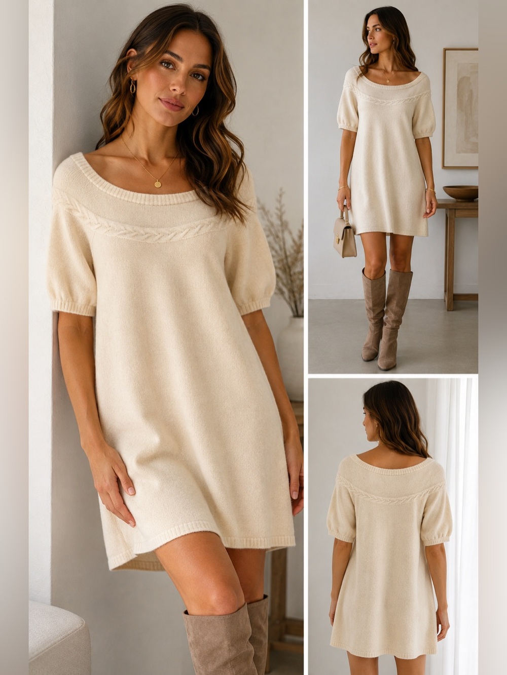 BCBGMAXAZRIA 100% Wool Sweater Dress L Cream Cable Knit Tunic